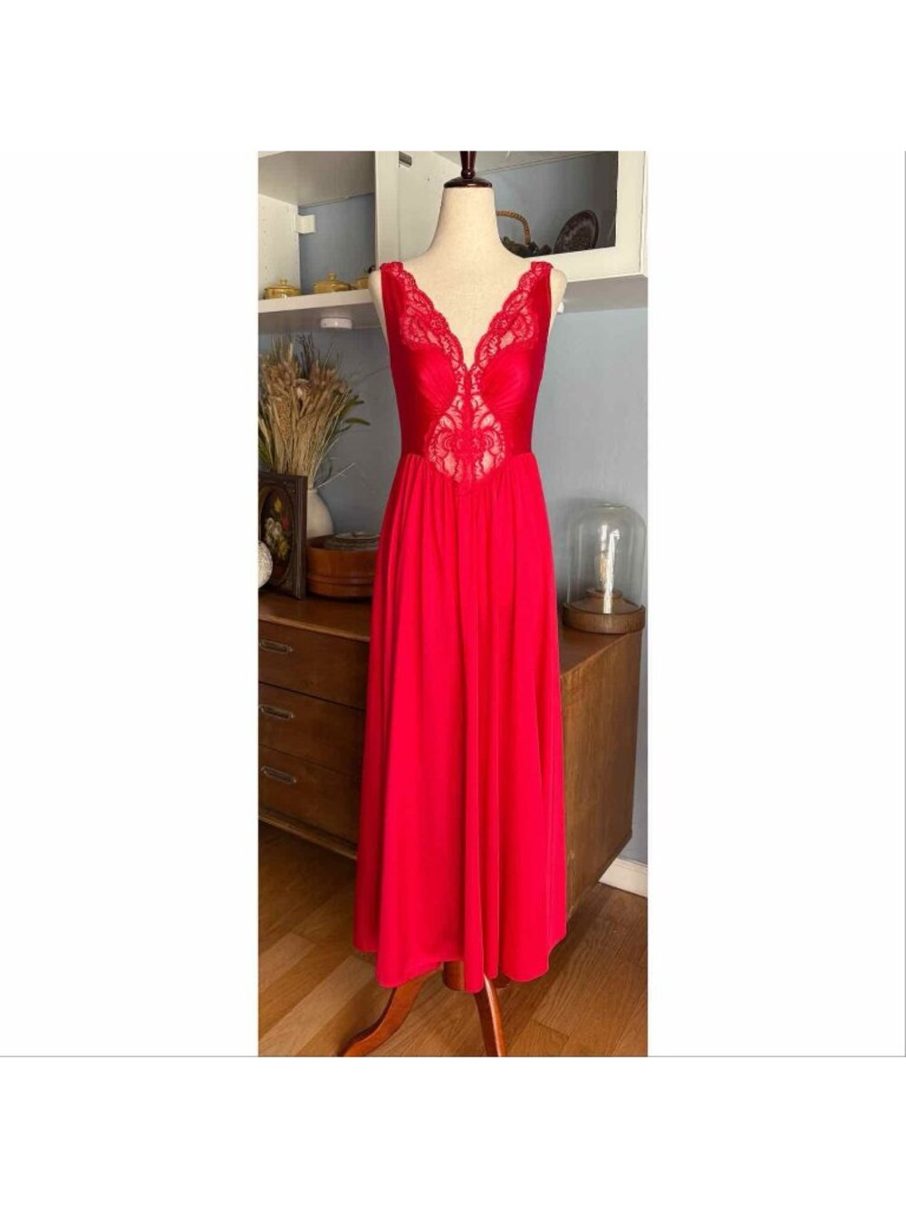 Vintage Olga Red Lace Nightgown Long Slip Dress Maxi Full Sweep Lingerie 93150